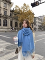 Street style view of soft light blue cashmere scarf with elegant tassel details - Wool Style / 200x70cm / Peacock Blue
