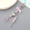 Porte-clés mignon avec ours rose, cœur argenté et perles en résine pour sacs - Rose
