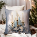 Christmas pillow cover with vintage candle and white rose design on blue background - TQDS68-21(White Candles & Holders)