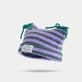 Purple and dark green striped knit cat ear beanie with green bows and handmade label - M (56-58cm) / Purple + ai-Dark Green