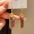 Vintage gold and purple tassel earrings with orange teardrop stone and S925 silver needles - Style 67# Earring Hook-Gold-Purple