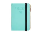 Cyan PU leather RFID passport holder with black elastic band and zipper pocket - Zipper Style / Cyan