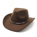 Detailed view of dark brown felt cowboy hat with vintage metal gear and braided band - M(56-58cm) / Coffee