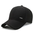 Classic black breathable baseball cap with fashion metal tag in 45-degree side view - Adjustable / Black
