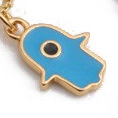 Evil eye Hamsa hand pendant in gold finish with sky blue enamel details - Blue