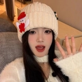 Winter white knitted hat featuring a cute cartoon deer decoration for women and kids - 3556-Santa Claus Style / Beige