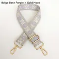 Close-up of beige and purple jacquard diamond pattern canvas strap with gold metal hooks - Beige Purple Gold Hook