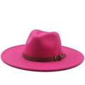 Detail of rose red fedora hat with 9.5cm wide brim and brown leather belt buckle - M(56-58cm) / Rose Red