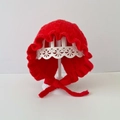 Red knitted baby bonnet with lace trim and chin straps for infants and toddlers - Red - Not Lined