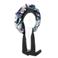 Floral satin sleep bonnet with wide black elastic tie-up strap in dark blue - Green Banana Leaf