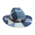 Blue and white gradient denim jazz hat with brown braided leather band and turquoise - One Size / Light Blue (Denim Wood Beads Blue Stone)