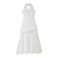 Detail of white halter neck dress featuring layered asymmetrical skirt and gathered waist - S / White
