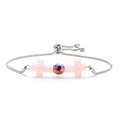 Adjustable stainless steel bracelet with pink stone crosses and iridescent bead - Rose Quartz