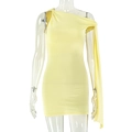 Detail of light yellow ruched one-shoulder bodycon dress with side ribbon on mannequin - S / Yellow