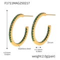 Gold-plated C-shaped stainless steel hoop earrings with green zircon pavé setting - Style B-21mm / Gold Green Zirconia