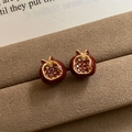 Pomegranate shaped red earrings with gold trim and red crystals in a brown velvet box - 77# Silver Earring Post Gold Red Real Gold Pomegranate