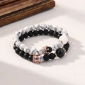 Matching couple bracelets set with matte black beads and white marble stones and rose gold crowns - White Marble & Matte Black - Rose Gold Crown