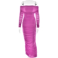 Detailed view of pink off-the-shoulder mesh dress with elegant ruched texture details - Purple