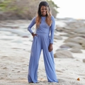 Women's two-piece ribbed knit lounge set featuring long sleeve top and wide leg pants - S / Blue
