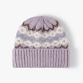 Light purple striped knit beanie with vintage geometric patterns and ribbed cuff - One Size / Purple