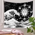 Detailed view of black and white sun and moon tarot tapestry hanging on a bedroom wall - Qy717-2 / 73X95CM (Brushed Fabric)