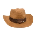 Western straw cowboy hat in brown featuring leather band and rhinestone heart buckle - Khaki