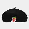 Close-up of a black wool beret featuring a detailed Christmas stocking embroidery - M / Christmas Sock Pattern Black
