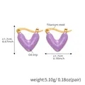 Macro view of 18k gold plated stainless steel purple glitter heart earrings with dimensions - Purple Enamel Gold