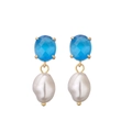 Detail of elegant gold earring with faceted blue gemstone and baroque pearl drop - Blue