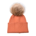 Winter rib-knit kids beanie with large faux fur pompom in orange and brown tones - One Size / Orange