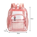 Vista detallada de mochila de PVC rosa transparente con bolsillo frontal y medida 36x28x12cm - Pequeño / Rosa