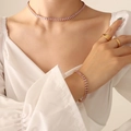 Pink zircon tennis necklace and bracelet set with gold finish worn by model - Pink Zircon Necklace / Gold