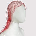 Macro detail of red beaded mesh headpiece with intricate hollow out fishing net pattern - Watermelon red