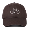 Detailed close-up of dark brown baseball cap with white embroidered bicycle pattern - Coffee