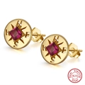 Golden S925 silver stud earrings with square rose red gemstones and compass engraving - Rose Square Compass - Gold