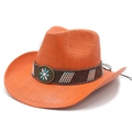Detail of orange woven cowboy hat featuring ethnic beaded band and floral metal buckle - M (56-58cm) / Orange