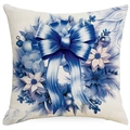 Detailed blue and white Christmas pillowcase featuring a festive ribbon and wreath design - 45x45cm Single Side No Core / Blue Theme Wreath