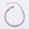 Detailed view of silver stainless steel flat snake chain with lobster clasp and extender - Patterned Fishbone Style / Steel