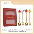 Golden fruit-themed cutlery set with 4 pieces in a red gift box for desserts - Fruit Red 4PCS (Watermelon/Peach/Strawberry/Pineapple)