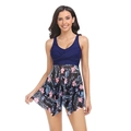 Tankini a due pezzi con top blu scuro con scollo a V e gonna con stampa floreale e rete - Q2323 Gonna in Mesh Blu Notte