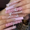 Pink press-on nails with 3D silver butterflies, pink flowers and sparkling glitter - Pink Butterfly Flower Style (SGCY-298) / Glue Type