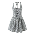 Sweet black and white plaid halter dress with floral embroidery and a bow tie accent - S / Black and White