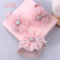 Detailed view of baby pink floral headband and lace foot flower set in a gift box - Style 28 (Pink Foot Flower 3pcs/Floral Button)