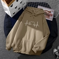 Brown fleece hoodie with heartbeat print, featuring a drawstring hood and kangaroo pocket - S / Tops / Khaki