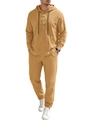 Men's casual linen blend two-piece hooded suit in mustard yellow with buttoned neckline - Earthy Yellow