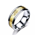 Detail showing vintage titanium steel ring with golden Celtic dragon pattern engraving - Silver With Gold Inlay Gold Dragon