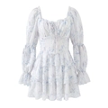 Französisches Chiffon-Kleid mit blauem Blattmuster und Rüschensaum im romantischen Stil - S / Weiß
