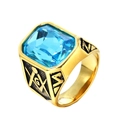 Anello massonico da uomo in acciaio al titanio dorato con grande gemma blu - Misura 7 / Oro Nero con pietra celeste
