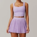 Lavender two-piece sports set featuring square neck tank top and pleated tennis skirt - S / Top And Bottom / Lavender Purple