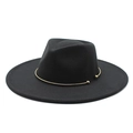 Detail of black wide-brim wool fedora hat featuring minimalist gold metal band accessory - M(56-58cm) / Black